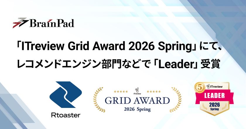 ブレインパッドの「Rtoaster」、
「ITreview Grid Award 2026 Spring」にて、
レコメンドエンジン部門およびDMPツール部門の最高位「Leader」を
22期連続受賞