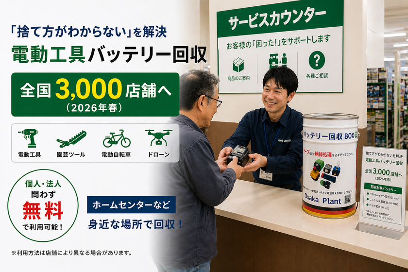 「捨て方がわからない」を解決
電動工具バッテリー回収、全国3,000店舗へ拡大(2026年春)