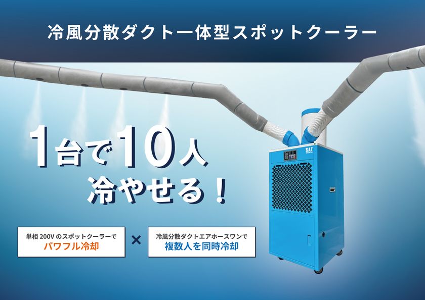 1台で10人を同時冷却。
建設現場の「冷えない休憩所」問題を解消する
「冷風分散ダクト一体型スポットクーラー」の新モデルを追加!