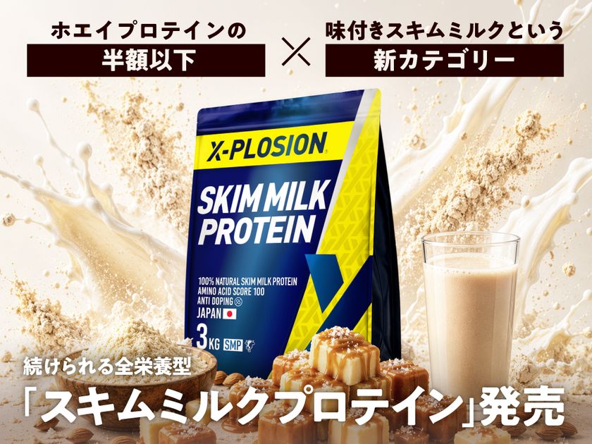 ホエイプロテインの半額以下×
味付きスキムミルクという新カテゴリー
続けられる全栄養型「スキムミルクプロテイン」発売