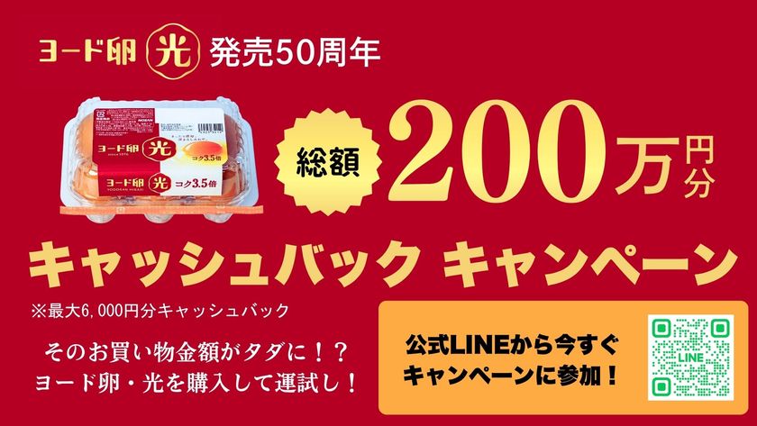 そのお買い物金額がタダになる!?
日本初のブランド卵※『ヨード卵・光』が発売50周年!
最大6,000円分キャッシュバックキャンペーンを6月1日より実施!