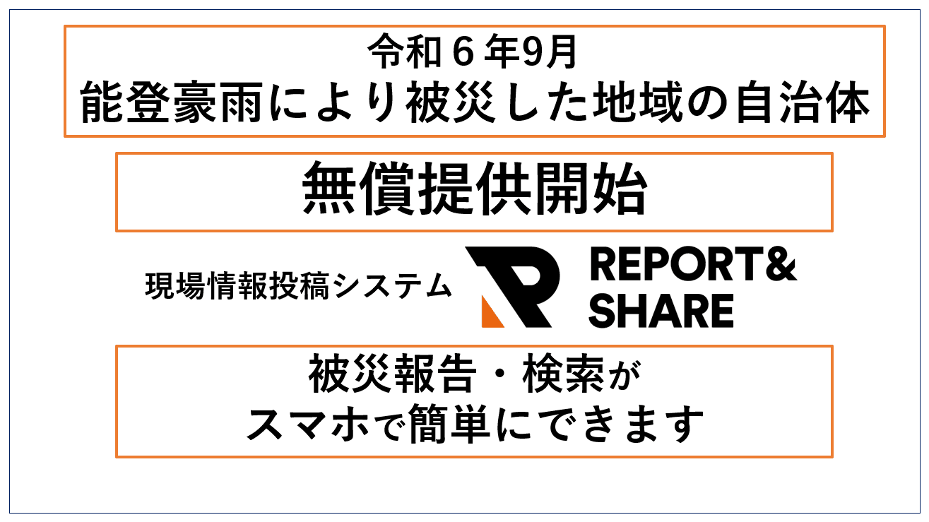 リアルグローブ、被害状況の報告を共有できる「現場情報投稿システム REPORT＆SHARE（レポートアンドシェア）」を、令和6年9月能登豪雨災害にて被災した輪島市・珠洲市・能登町の提供を希望された自治体に無償提供いたします