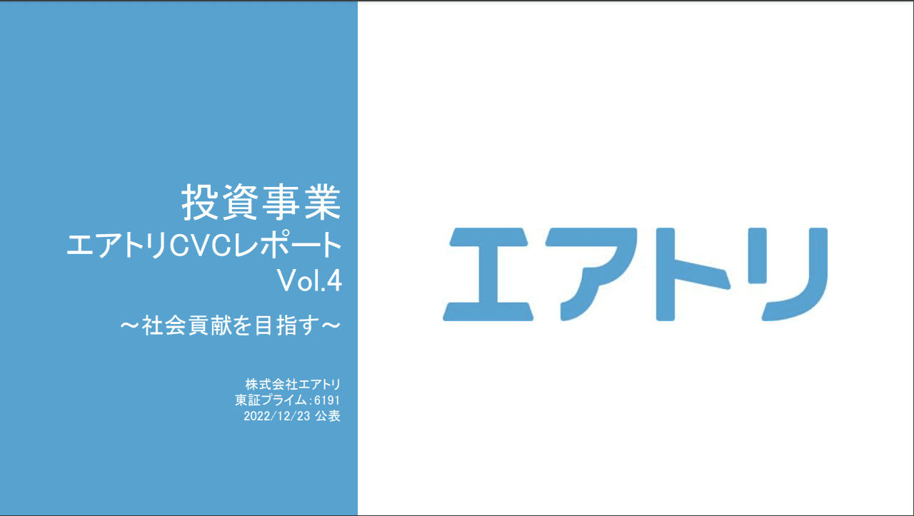 投資事業 エアトリCVCレポート Vol.4を公開～88社、62億円の総投資額に対し、回収済・直近評価額合計は185億円、投資倍率299％と堅調に推移～