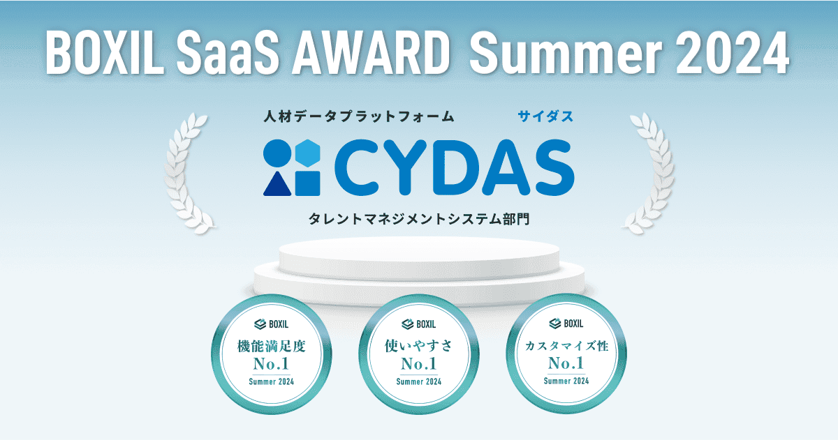 人材データプラットフォーム「CYDAS」   「BOXIL SaaS AWARD Summer 2024」   タレントマネジメントシステム部門で「機能満足度No.1」ほか２つのNo.1に選出