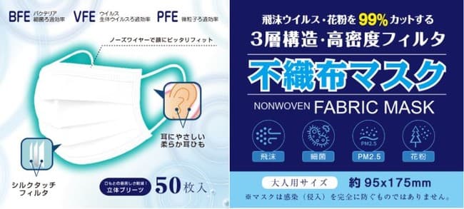 医療用N95フィルター使用高機能不織布マスク（50枚入り998円～）、再入荷のお知らせ