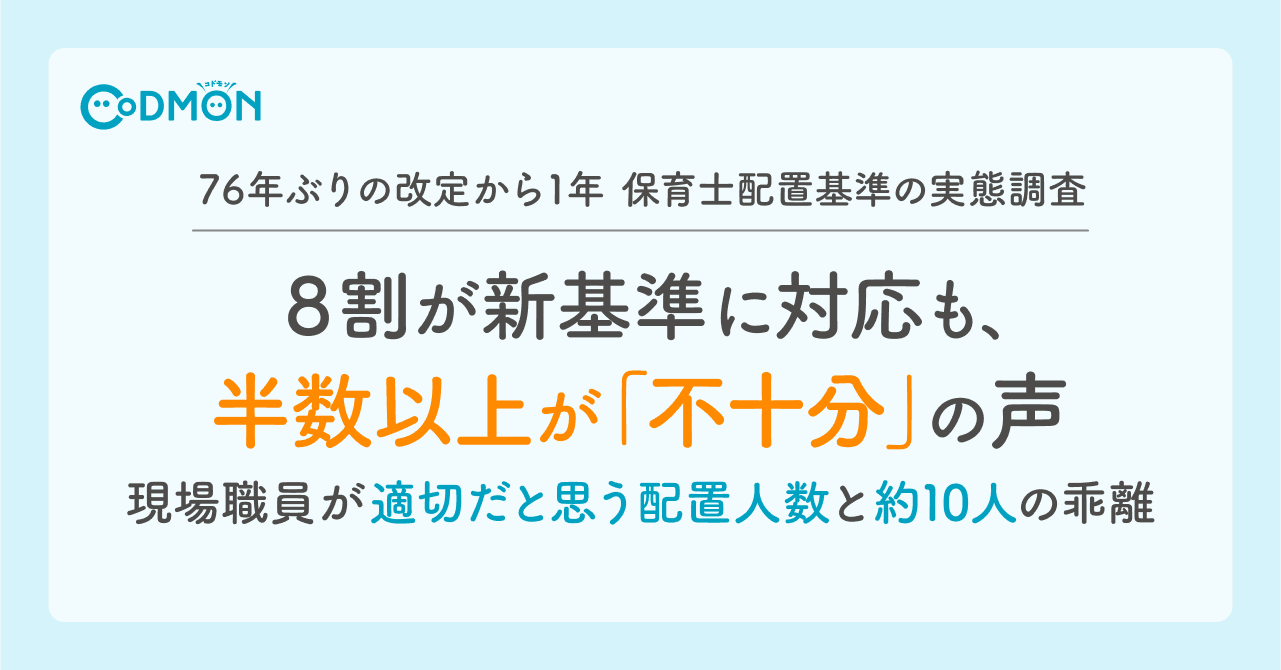 〈76年ぶりの改定から1年 保育士配置基準の実態調査〉 8割が新基準に対応も、半数以上が「不十分」の声 現場職員が適切だと思う配置人数と約10人の乖離　～配置基準対応への課題は「人手不足」 非資格保有者の採用で賄う施設も～