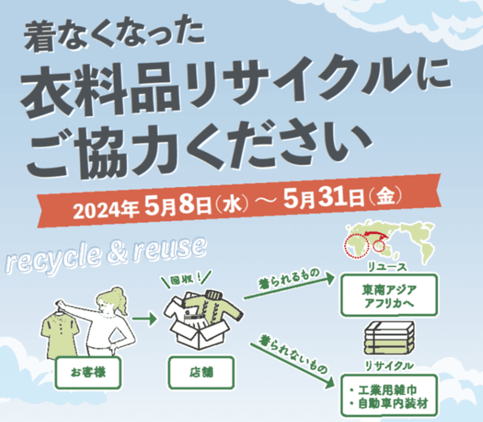 着る機会がなくなった衣料品をリユース・リサイクルで子ども食堂支援へ！「衣料品リサイクルにご協力ください！」5/8（水）～5/31（金）まで、近畿圏15店舗で衣料品回収を実施！