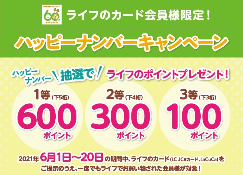 ライフのカードを提示してお買い物するだけで最大600ポイントが当たる！ 「ハッピーナンバーキャンペーン」を実施！