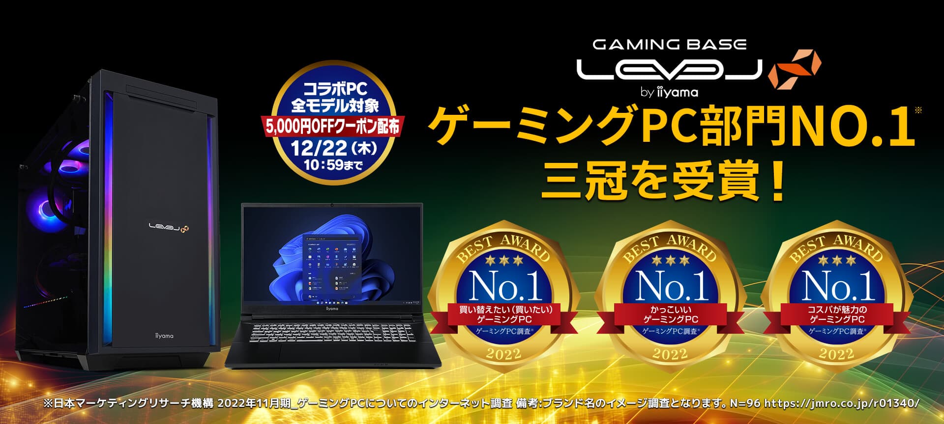 iiyama PC LEVEL∞がゲーミングPC部門No.1 三冠を受賞！『買い替えたい（買いたい）ゲーミングPC』『かっこいいゲーミングPC』『コスパが魅力のゲーミングPC』3つの部門で第1位！感謝を込めて、コラボPC全モデル 5,000円OFFクーポンを配布