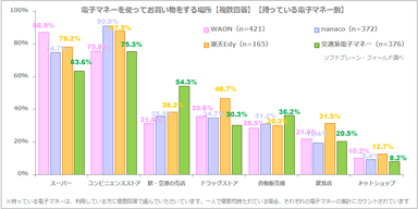 図表2:電子マネーを使ってお買い物をする場所【複数回答】【持っている電子マネー別】（各電子マネーのn数WAON=421、nanaco=372、楽天Edy=165、交通系電子マネー=376）