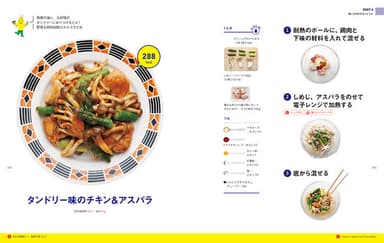 レシピ例：電子レンジ、ボールひとつで完成の「タンドリー味のチキン＆アスパラ」。野菜も同時加熱でラクラク♪