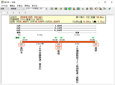 経路探索結果の画面イメージ（駅名上部の番号が駅ナンバリングです）