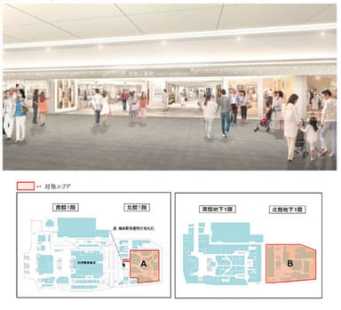 （上）阪急三番街　北館１階　リニューアルイメージ　（梅田駅茶屋町口改札口に繋がる階段付近より北方向を望む）（下）北館１階および地下１階のリニューアル場所