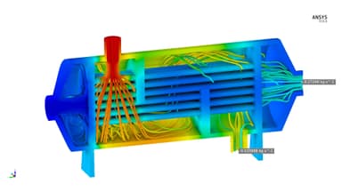 熱交換器の温度と主要な流れ物性を表したコンター、流線図