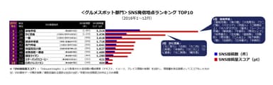 ＜グルメスポット部門＞SNS発信地点ランキング TOP10(2016年1～12月)