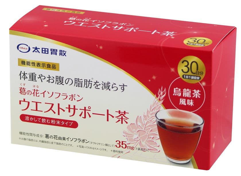 ～ 体重やお腹の脂肪＊を減らす ～　
機能性表示食品「葛の花イソフラボン ウエストサポート茶」
太田胃散より新発売！