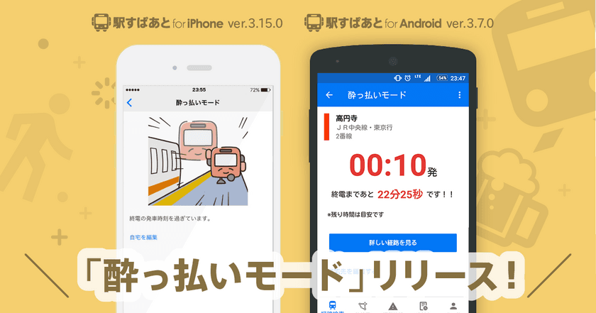 iPhone／Androidアプリ「駅すぱあと」に
「酔っ払いモード」登場
歓送迎会や花見宴会シーズン、
終電までに帰りたい方をサポート