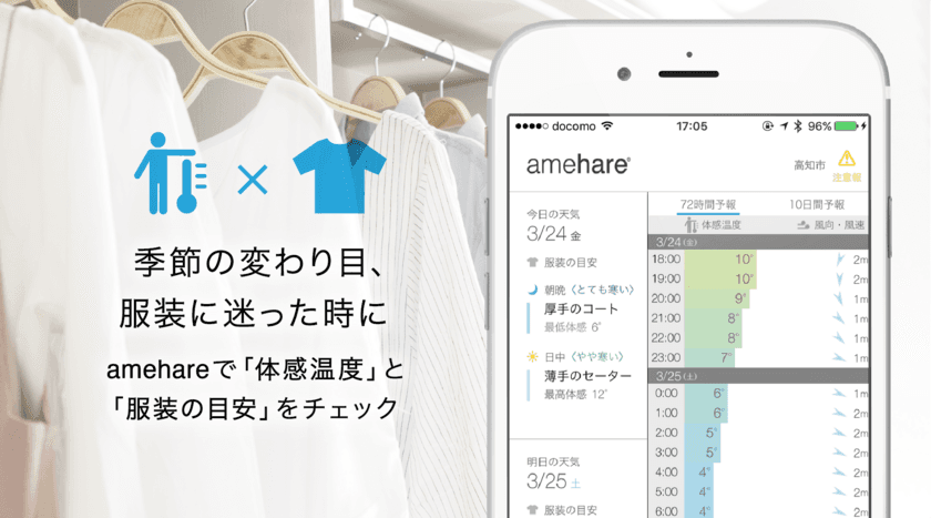 季節の変わり目、服装に迷った時に！
天気予報アプリ『amehare』から
「体感温度」と「服装の目安」機能をリリース