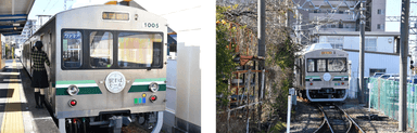 水間鉄道で走行するオリジナルヘッドマークを装着した列車（写真のオリジナルヘッドマークはサンプルの「駅すぱモール」デザイン）