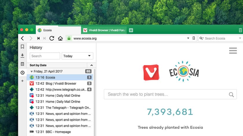 Vivaldiブラウザの最新バージョン、
エコな検索エンジン「Ecosia」とともに地球の森林再生を支援