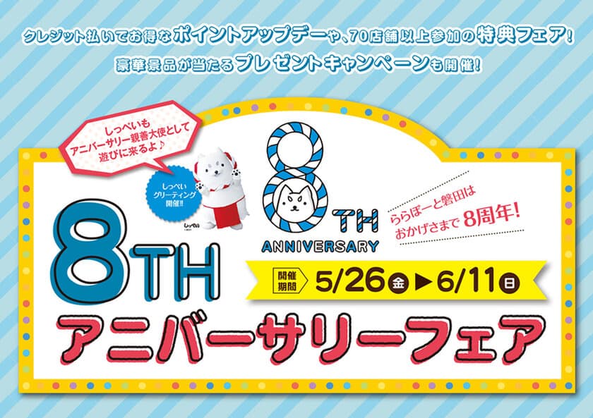 ららぽーと磐田で8周年アニバーサリーフェアを
5月26日～6月11日までの期間で開催　
おなじみの「しっぺい」が親善大使となって
「8」にちなんだうれしい特典＆限定サービスを提供