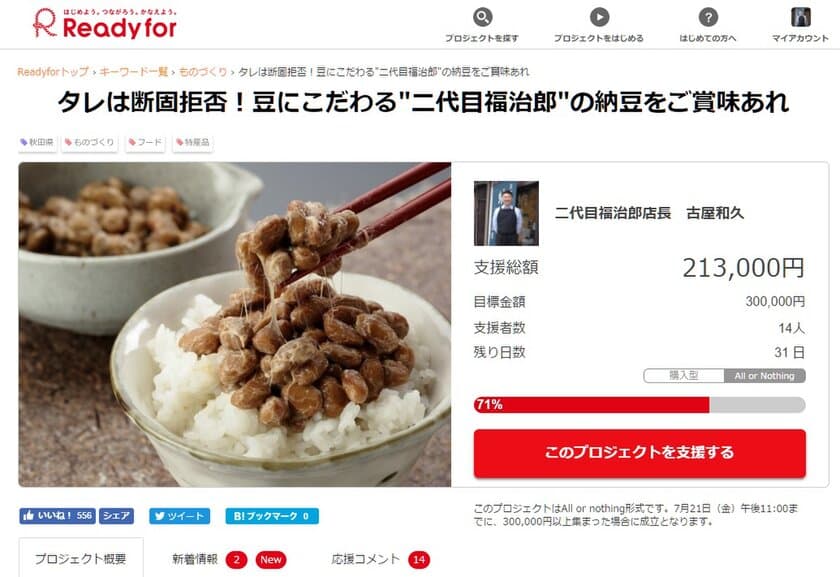 “高級納豆を買って応援！”納豆専門店「二代目福治郎」が
クラウドファンディングで好調な滑り出し