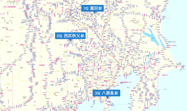 1位から3位の駅にピンを立てた路線図のイメージ