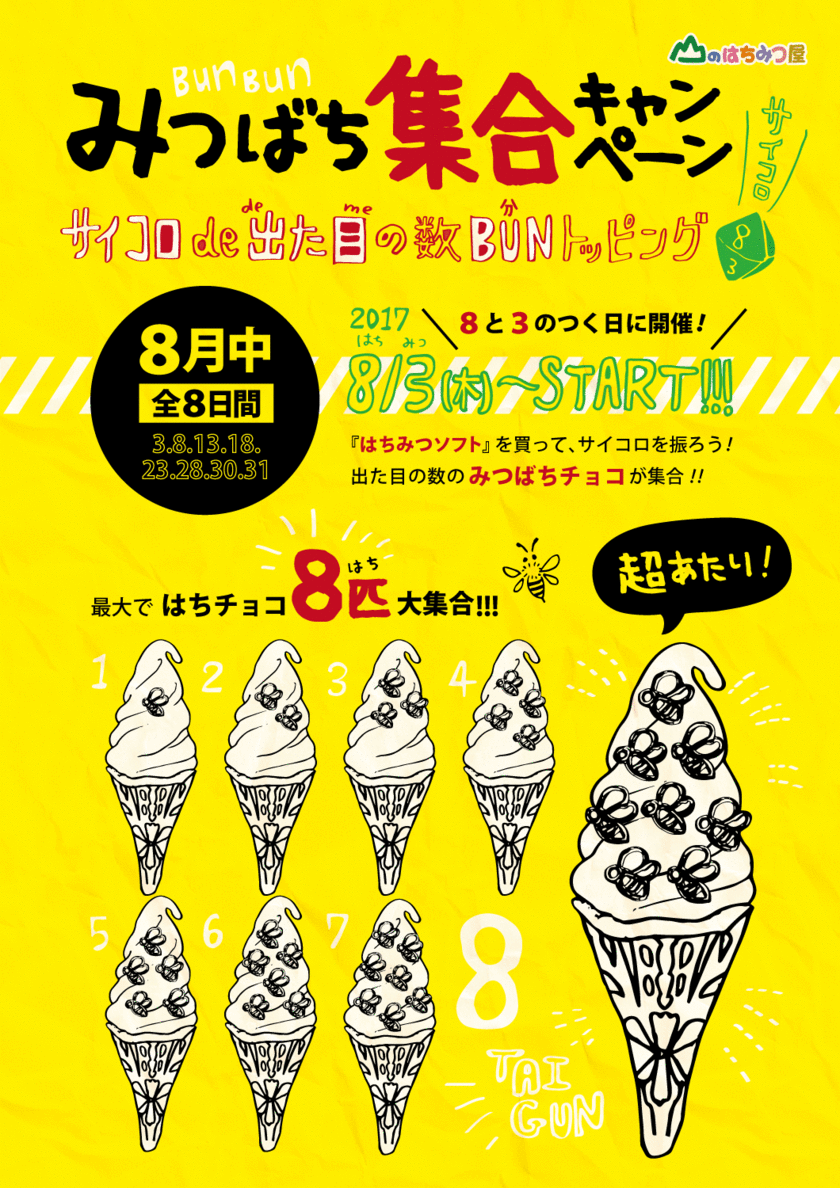 サイコロの出た目でみつばち増量？！
秋田・はちみつ専門店のはちチョコ付き『はちみつソフト』
8月3日から“みつばち集合キャンペーン”開始！