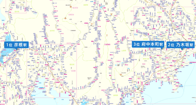 1位から3位の駅にピンを立てた路線図のイメージ