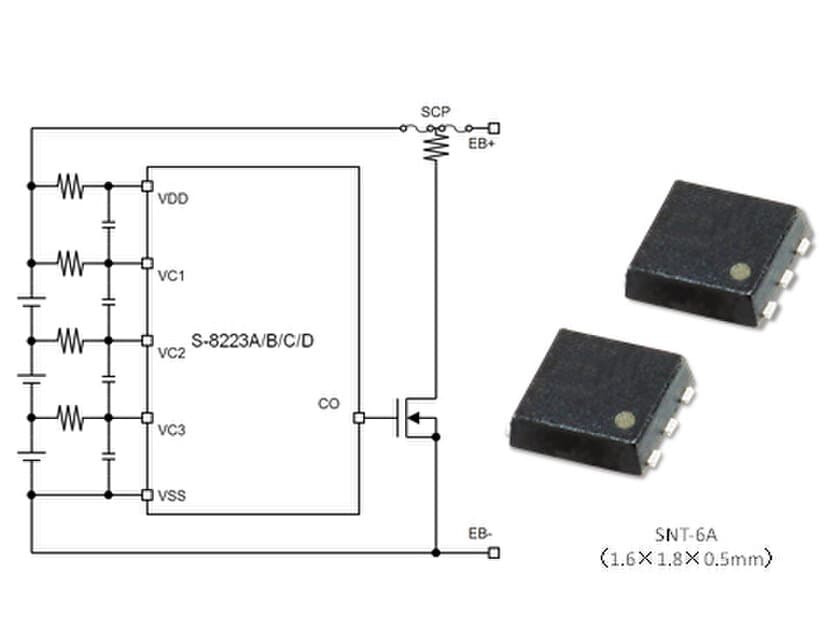 2～3セル用リチウムイオン電池セカンドプロテクトIC
「S-8223A/B/C/Dシリーズ」を発売