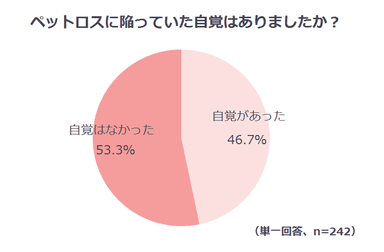 ペットロスの症状が現れた人のうち、53.3％がペットロスに陥っていることを自覚していなかった