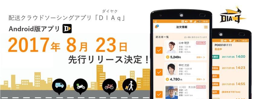 一般人も空き時間を利用して運送者に！
配送クラウドソーシングアプリ「DIAq」Android版
8月23日リリース決定！
事前登録者向けキャンペーン期間は10月15日(日)まで延長