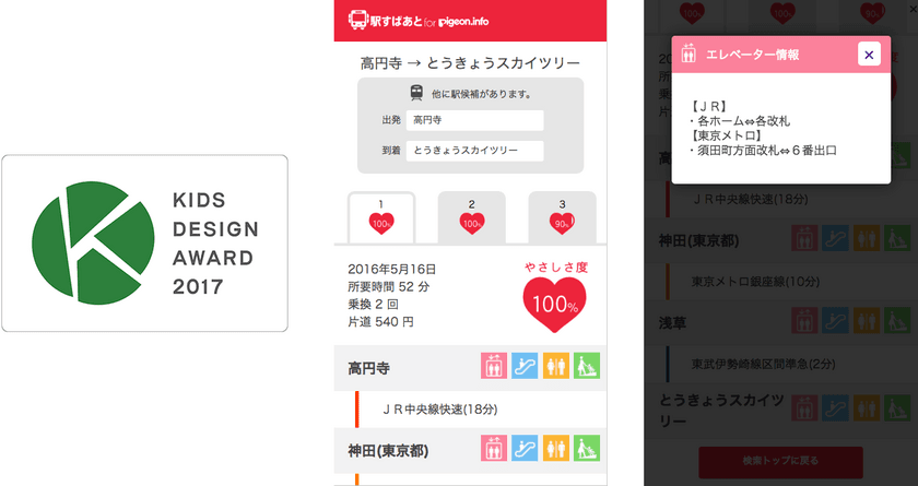 ベビーカーでの電車移動をサポートする
「駅すぱあと for Pigeon.info」が
第11回キッズデザイン賞を受賞！