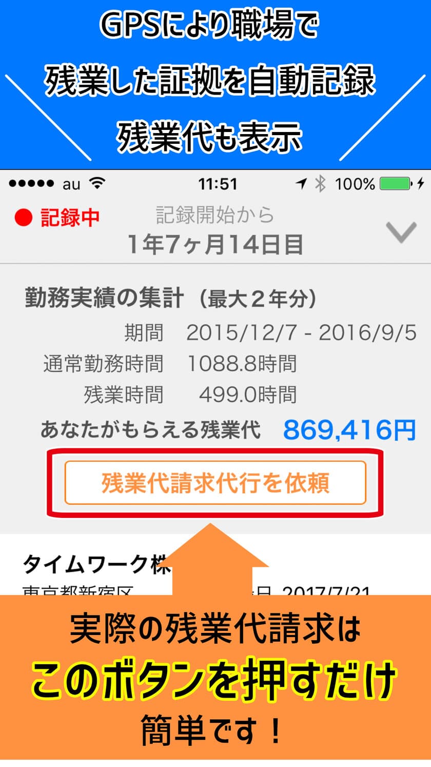 残業証拠を自動記録する「残業証明アプリ」、
新たにバージョンアップ！
弁護士が代理で未払い残業代を請求、法的な証拠として記録