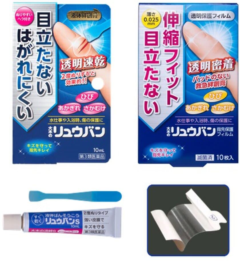 「大木のリュウバン」絆創膏2製品をリニューアル発売
液体絆創膏『大木の流絆S(第3類医薬品)』、
『指先保護フィルム(一般医療機器)』のさらなる認知度アップへ