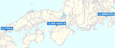 1位から3位の駅にピンを立てた路線図イメージ