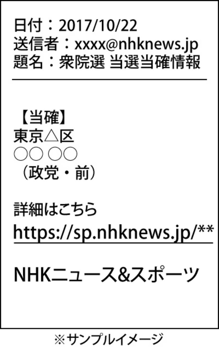 モバイルニュース「NHKニュース＆スポーツ」　
10月22日衆院選開票速報サービス
“当確メール”を速やかにあなたのケータイに！