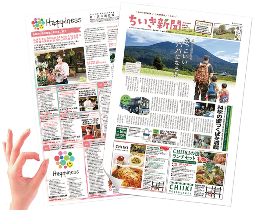 千葉のフリーペーパー・ちいき新聞に折込んで配布する
求人紹介紙「Happiness」を県内15市町村に80万部展開