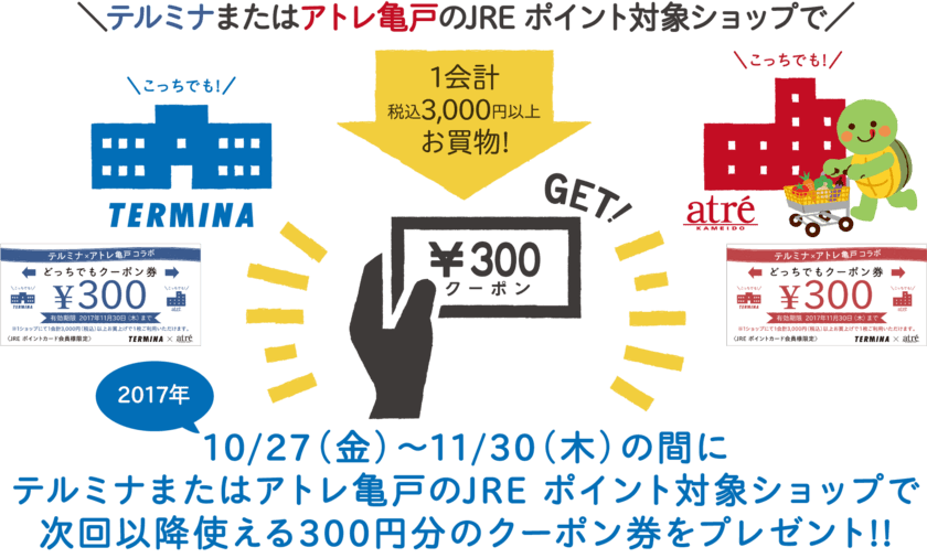 “錦糸町テルミナ×アトレ亀戸”
JREポイントカード会員様限定
「どっちでもクーポンGETキャンペーン」
10月27日(金)より開催！