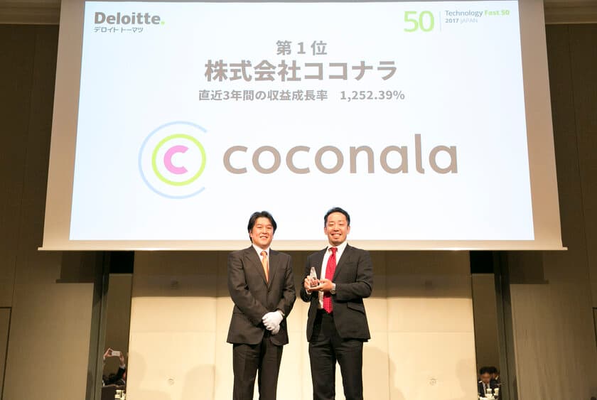 株式会社ココナラ　テクノロジー企業成長率ランキング
「2017年 日本テクノロジー　Fast50」で1位を受賞！
1,252,39％の収益（売上高）成長を記録 

