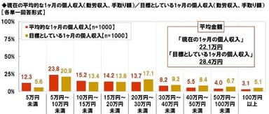 平均的な1ヶ月の個人収入と目標としている個人収入