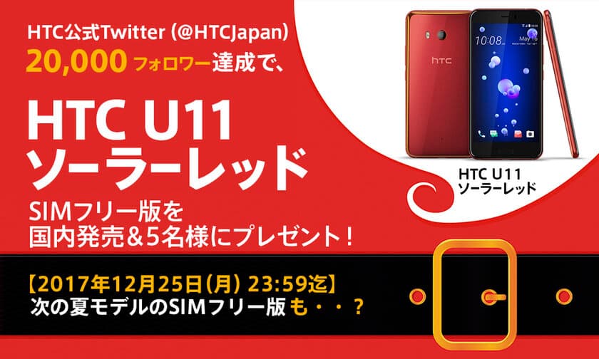 HTC NIPPONがTwitterでクリスマスキャンペーンを開始　
20,000フォロワー達成で
限定スマートフォン「HTC U11ソーラーレッド」国内発売