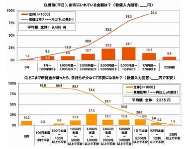 普段、財布にいれている金額/不安になる手持ちの所持金額