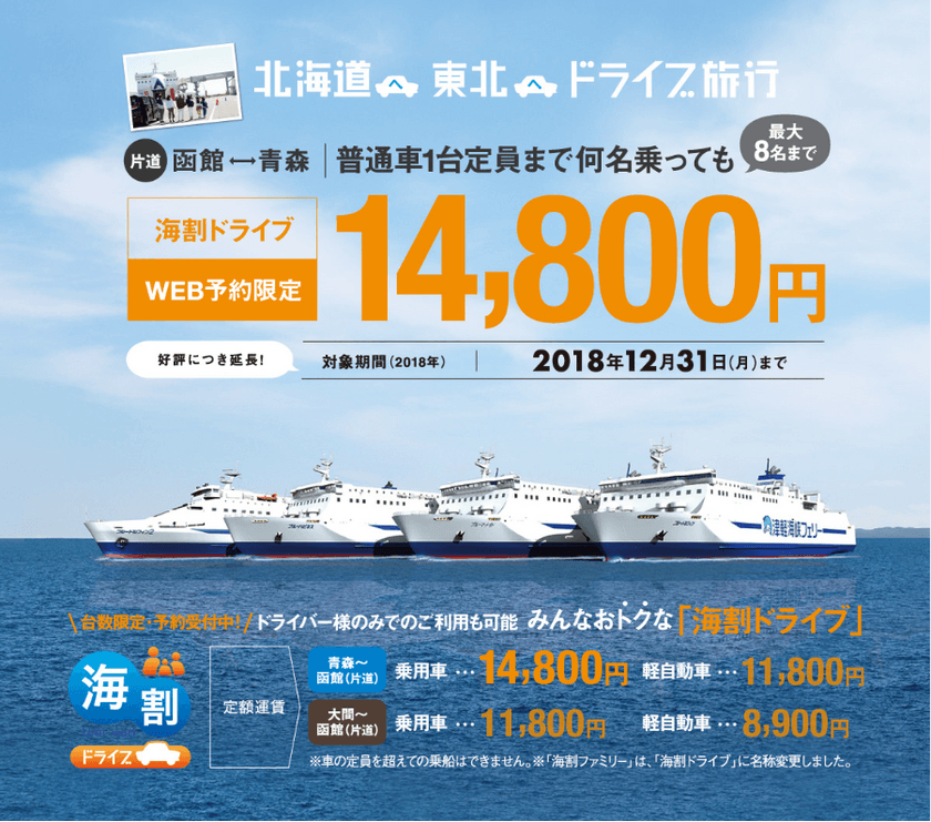 本州～北海道が車1台＋ドライバーを含む最大8名まで
通年定額14,800円で乗船可能！
2018年「海割ドライブ」のサービス開始について