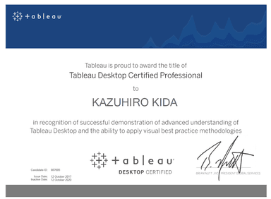 「Tableau Desktop Certified Professional」認定証