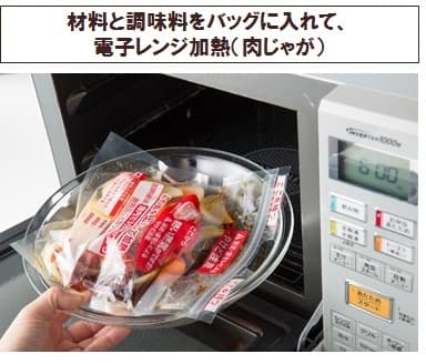 素材と調味料をバッグに入れて、電子レンジ加熱(肉じゃが)