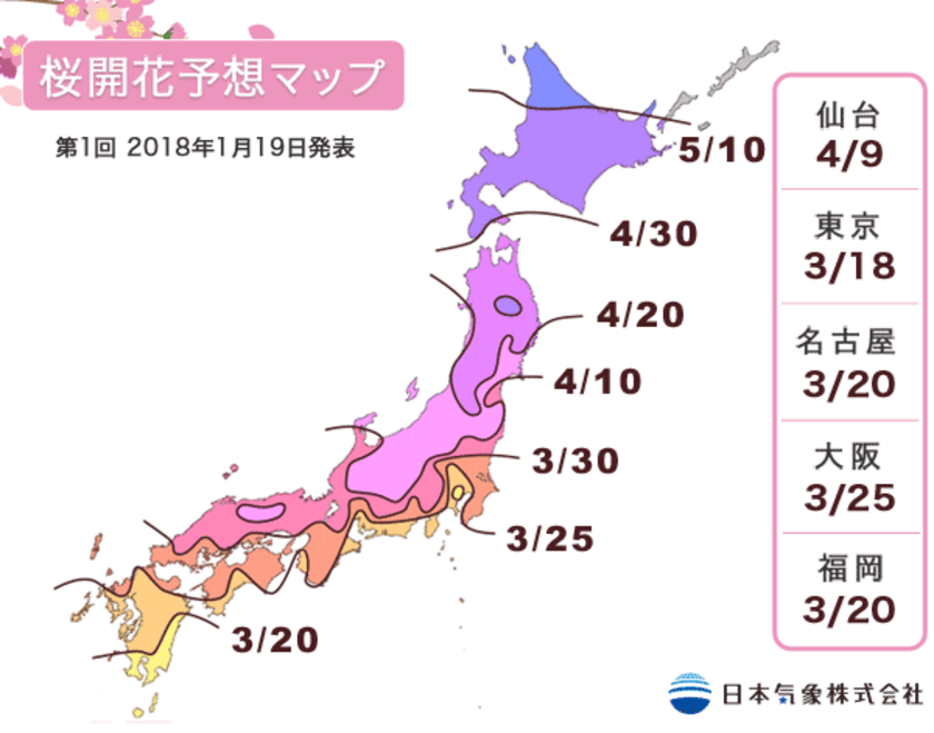 桜開花予想2018　東京は全国で最も早く3/18頃　
全国約1,000カ所の予想を本日からアプリでも配信