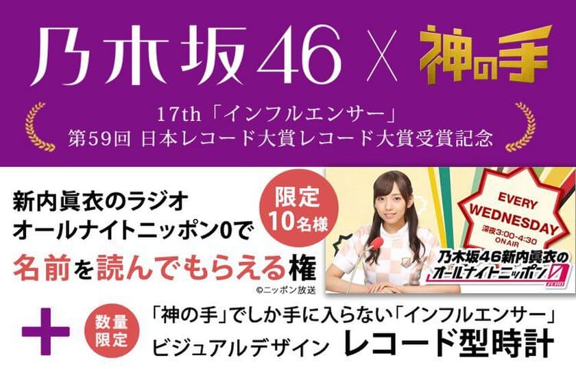 新内眞衣にラジオで名前を読んでもらえる
乃木坂46レコード大賞受賞記念コラボスタート！