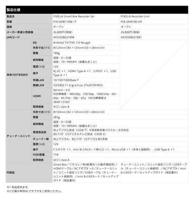 Smart Box Recorder Set「PIX-SMB110-1T」およびRecorder Unit「PIX-SMB100-OP」製品仕様