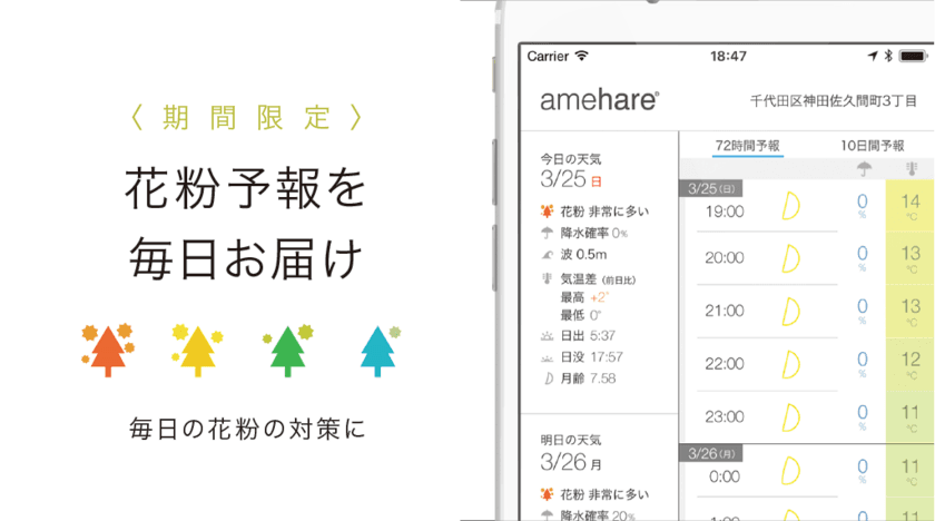 季節の変わり目のつらい花粉症のお助けサービスが登場！
天気予報アプリが花粉情報を春季限定で提供開始